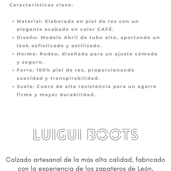Bota vaquera para dama en piel de res color CAFÉ, con diseño de tubo alto, bordado detallado y aplicaciones brillantes. Horma rodeo para mayor comodidad y suela de cuero para resistencia y agarre óptimos.