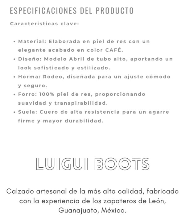 Bota vaquera para dama en piel de res color CAFÉ, con diseño de tubo alto, bordado detallado y aplicaciones brillantes. Horma rodeo para mayor comodidad y suela de cuero para resistencia y agarre óptimos.