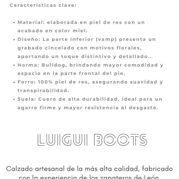 Bota elaborada en piel de res con grabado artesanal y suela de cuero, esta bota combina tradición y estilo. Su horma Bulldog brinda máxima comodidad.