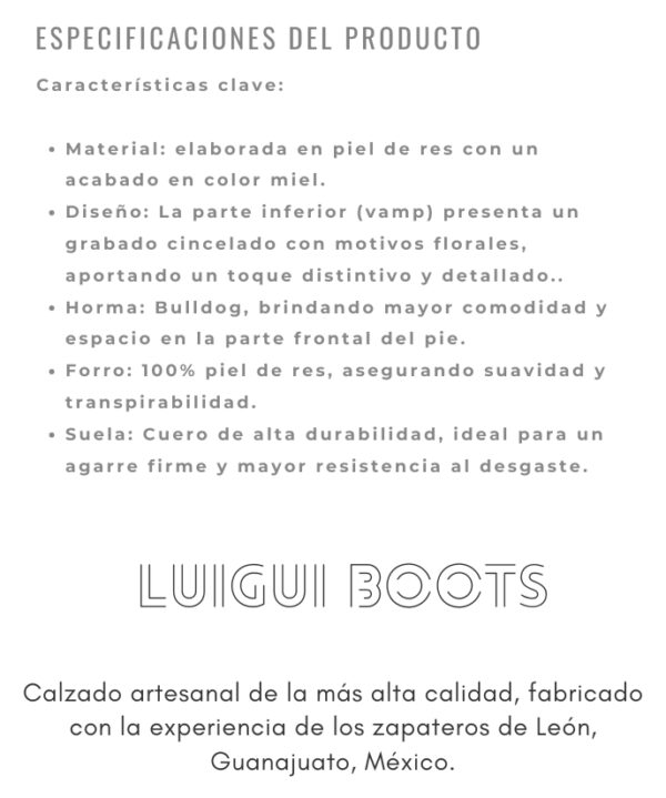 Bota elaborada en piel de res con grabado artesanal y suela de cuero, esta bota combina tradición y estilo. Su horma Bulldog brinda máxima comodidad.