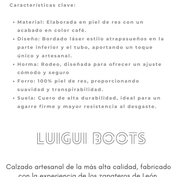 Bota vaquera de dama en piel de res color café, con un diseño de bordado láser estilo atrapasueños en el tubo y la parte inferior.