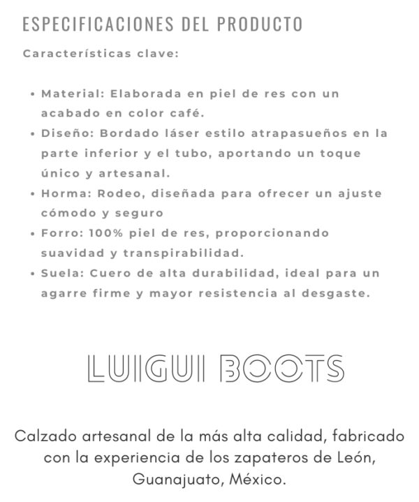 Bota vaquera de dama en piel de res color café, con un diseño de bordado láser estilo atrapasueños en el tubo y la parte inferior.