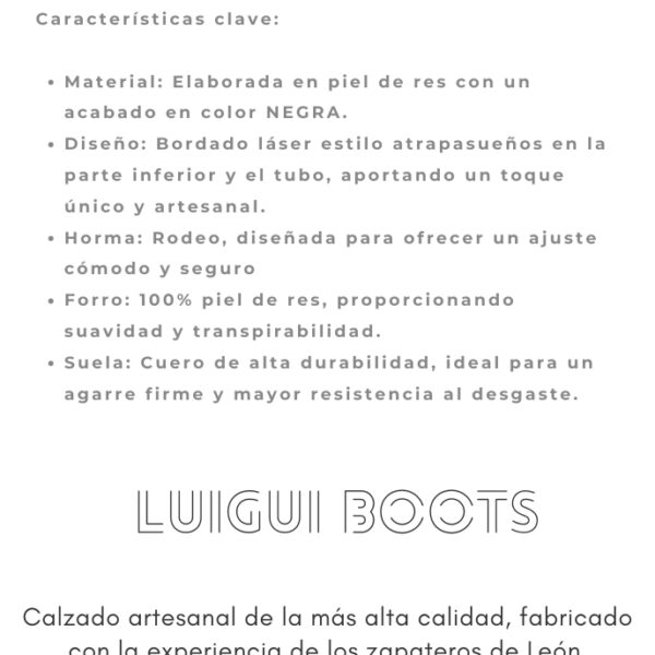 Bota vaquera de dama en piel de res color negra, con un diseño de bordado láser estilo atrapasueños en el tubo y la parte inferior.