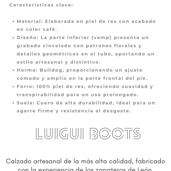 Bota Vaquera Elaborada en piel de res con acabado en color café, grabado cincelado con patrones florales y detalles geométricos en el tubo, aportando un estilo artesanal y distintivo.