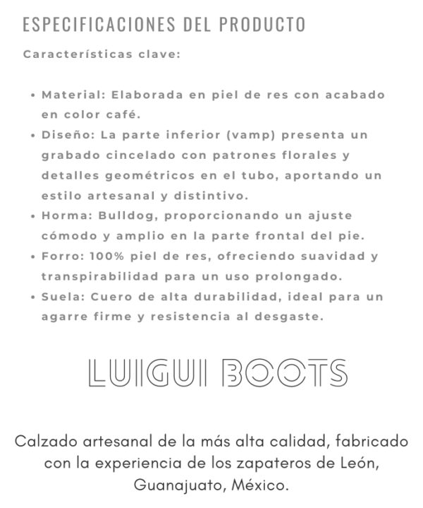 Bota Vaquera Elaborada en piel de res con acabado en color café, grabado cincelado con patrones florales y detalles geométricos en el tubo, aportando un estilo artesanal y distintivo.