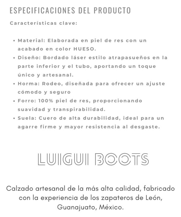 Bota vaquera de dama en piel de res color BLANCO, con un diseño de bordado láser en el tubo y la parte inferior.