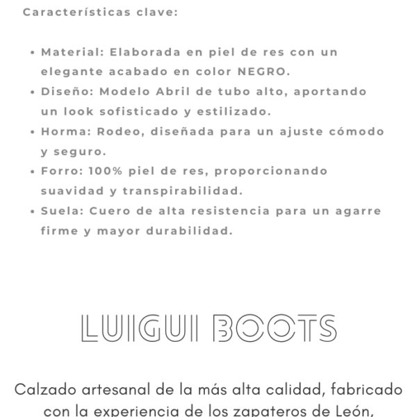 Bota vaquera para dama en piel de res color negro, con diseño de tubo alto, bordado detallado y aplicaciones brillantes. Horma rodeo para mayor comodidad y suela de cuero para resistencia y agarre óptimos.