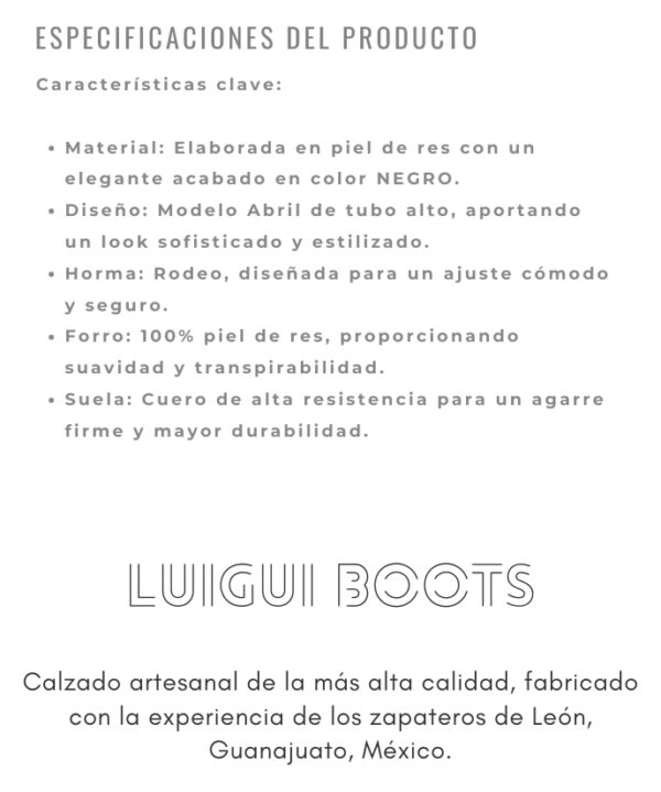 Bota vaquera para dama en piel de res color negro, con diseño de tubo alto, bordado detallado y aplicaciones brillantes. Horma rodeo para mayor comodidad y suela de cuero para resistencia y agarre óptimos.