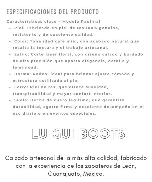 Bota vaquera de dama en piel de res color CAFÉ, con un diseño de bordado láser en el tubo y la parte inferior.