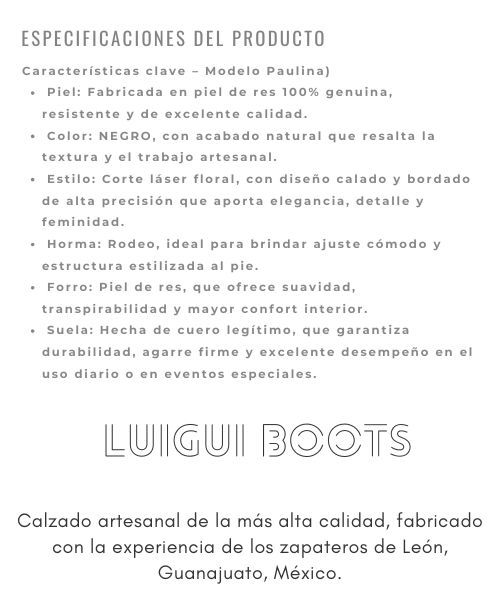 Bota vaquera de dama en piel de res color NEGRA, con un diseño de bordado láser en el tubo y la parte inferior.
