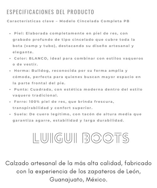 Bota Cincelada Completa BLANCA con grabado total, horma bulldog , suela de cuero y forro en piel. ¡Elegancia firme y estilo vaquero auténtico!