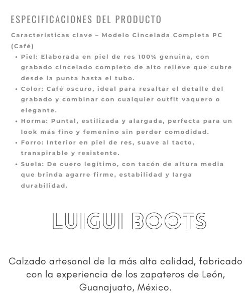 Bota Cincelada Completa Café con grabado total, horma puntal, suela de cuero y forro en piel. ¡Elegancia firme y estilo vaquero auténtico!