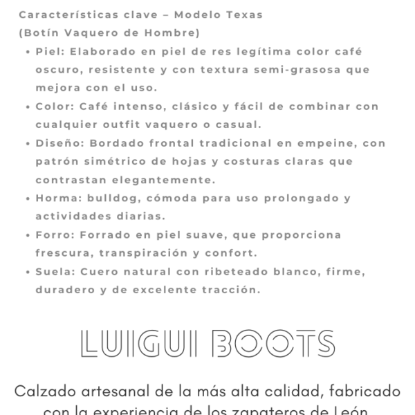 ¡Estilo rudo y elegante! Botines Texas en piel café , bordado vaquero y suela de cuero. ¡Comodidad firme y carácter auténtico!