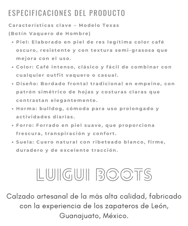 ¡Estilo rudo y elegante! Botines Texas en piel café , bordado vaquero y suela de cuero. ¡Comodidad firme y carácter auténtico!