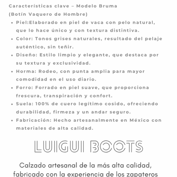 Botín Bruma: autenticidad en cada paso con piel de vaca natural, suela de cuero y diseño artesanal. Estilo rústico, cómodo y con toda la tradición vaquera.