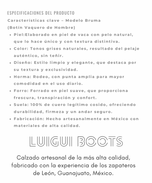 Botín Bruma: autenticidad en cada paso con piel de vaca natural, suela de cuero y diseño artesanal. Estilo rústico, cómodo y con toda la tradición vaquera.