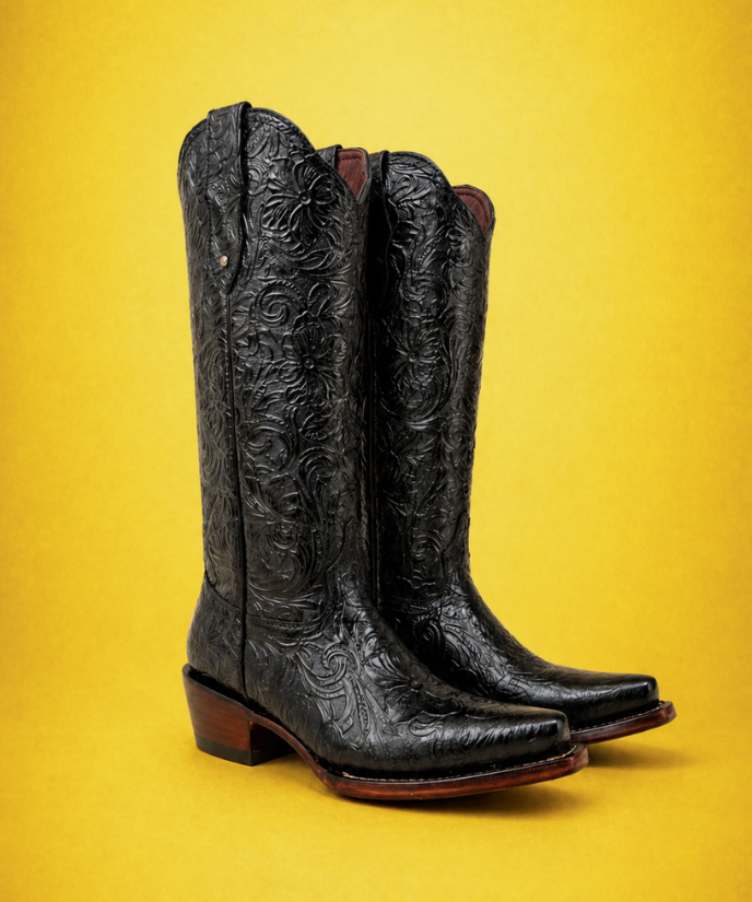 Bota Vaquera Cincelada Emiliana Negra de Piel