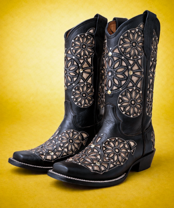 Bota Vaquera Rodeo Corte Láser Atrapasueños Negra